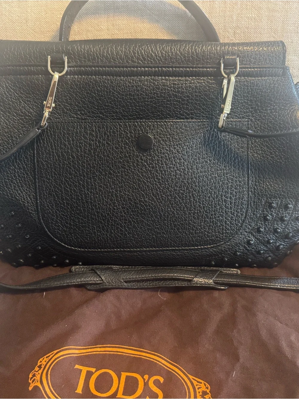Tod's Black Pebbled Leather Top-Handle Satchel with strap